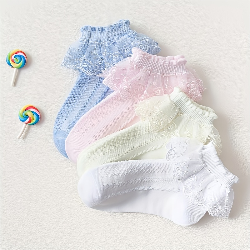 Image of 4 Pairs Of Elegant Lace-trimmed Socks For Girls - White, Floral Pattern, Polyester Blend, Perfect For Ballet & Casual Wear, , Ballet Socks|floral Lace Socks|knit Texture