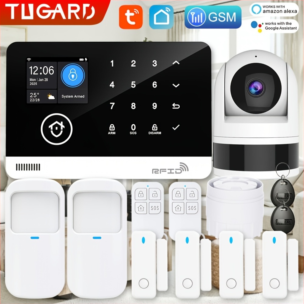 Image of Tugard Wi-fi + Gsm Smart Alarm System, Smart Home Kit, Kit With Camera, Featuring Motion Sensors And Door Contact Sensors, Via An App, And Compatible With Alexa And Google