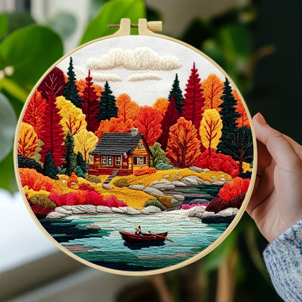 Embroidery Kit, Autumn Lakeside Cabin Design