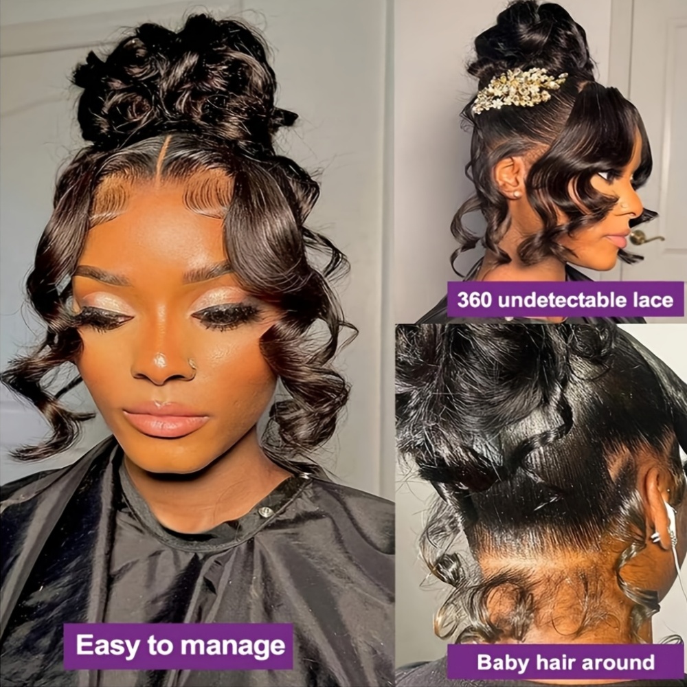 360 Full Lace Body Wave Human Hair Wigs Glueless Hidden Strap Pre Plucked Natural Hairline 180% Density Natural Color Wear & Go High Ponytail Bun Wigs for Women
