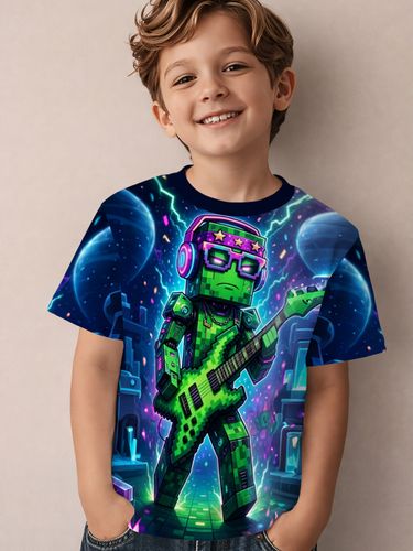 Camiseta para niño, Camiseta con estampado de Guitarra DJ Bloque de construcción Hombre, Top de manga corta con cuello redondo, Lavable a máquina, Camiseta informal para niño