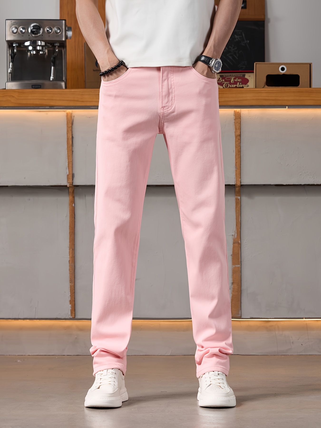 Men's White Skinny Jeans - Printed Stretch Denim Pants, Casual Fashion Fit