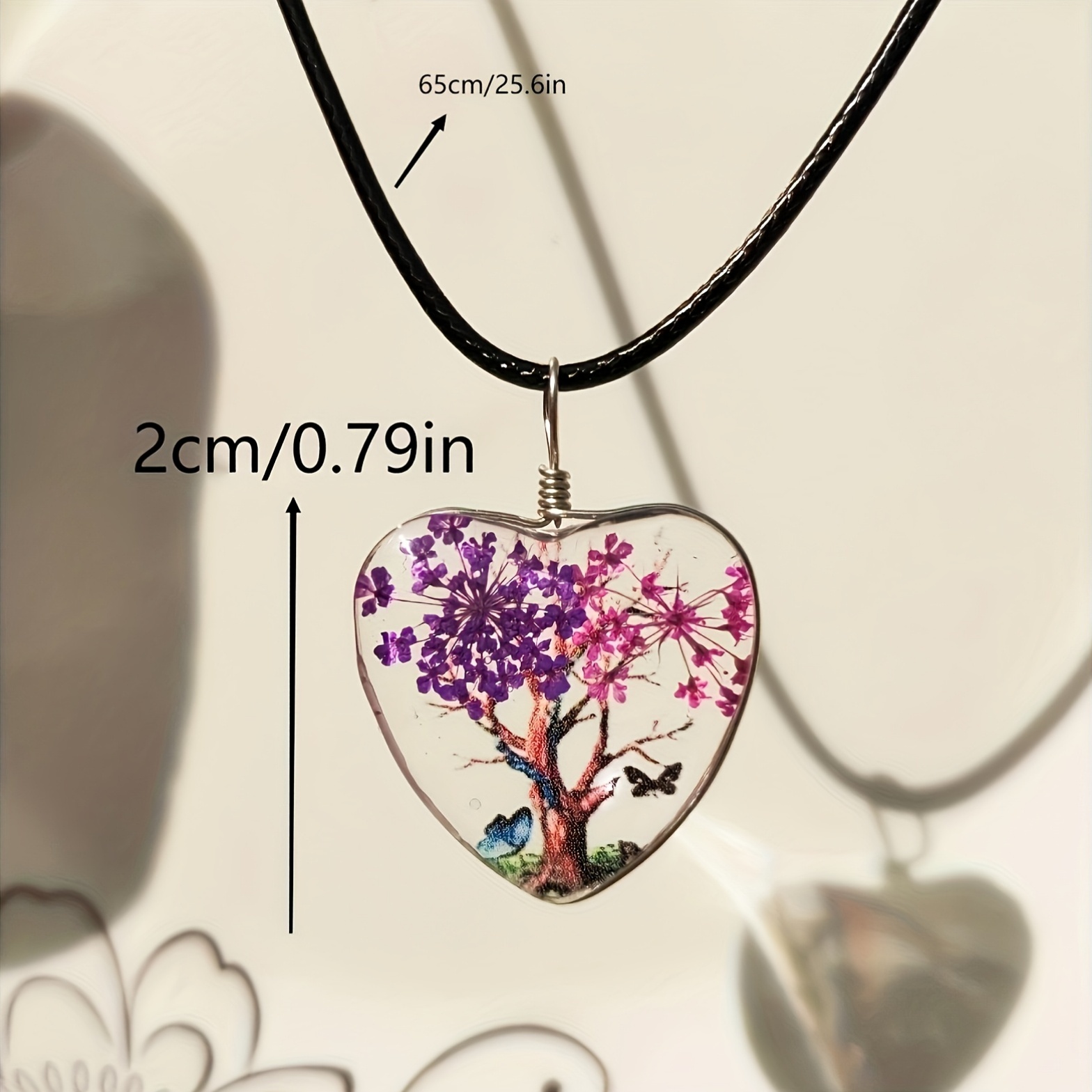 10pcs Heart-Shaped Glass Flower Tree Pendant Necklaces, Adjustable Cord