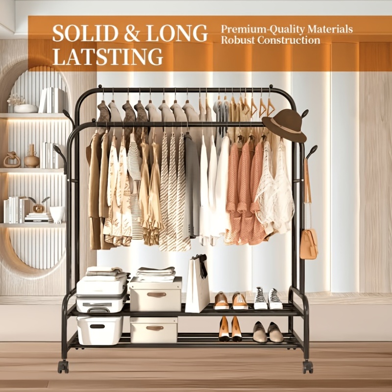 Durable Metal Hanger With Double Poles And Wheels, Equipped With Shelves And Hooks, A Multifunctional Wardrobe Solution Suitable For Independent Metal Hangers In Bedrooms, Laundry Rooms, And Living Rooms.