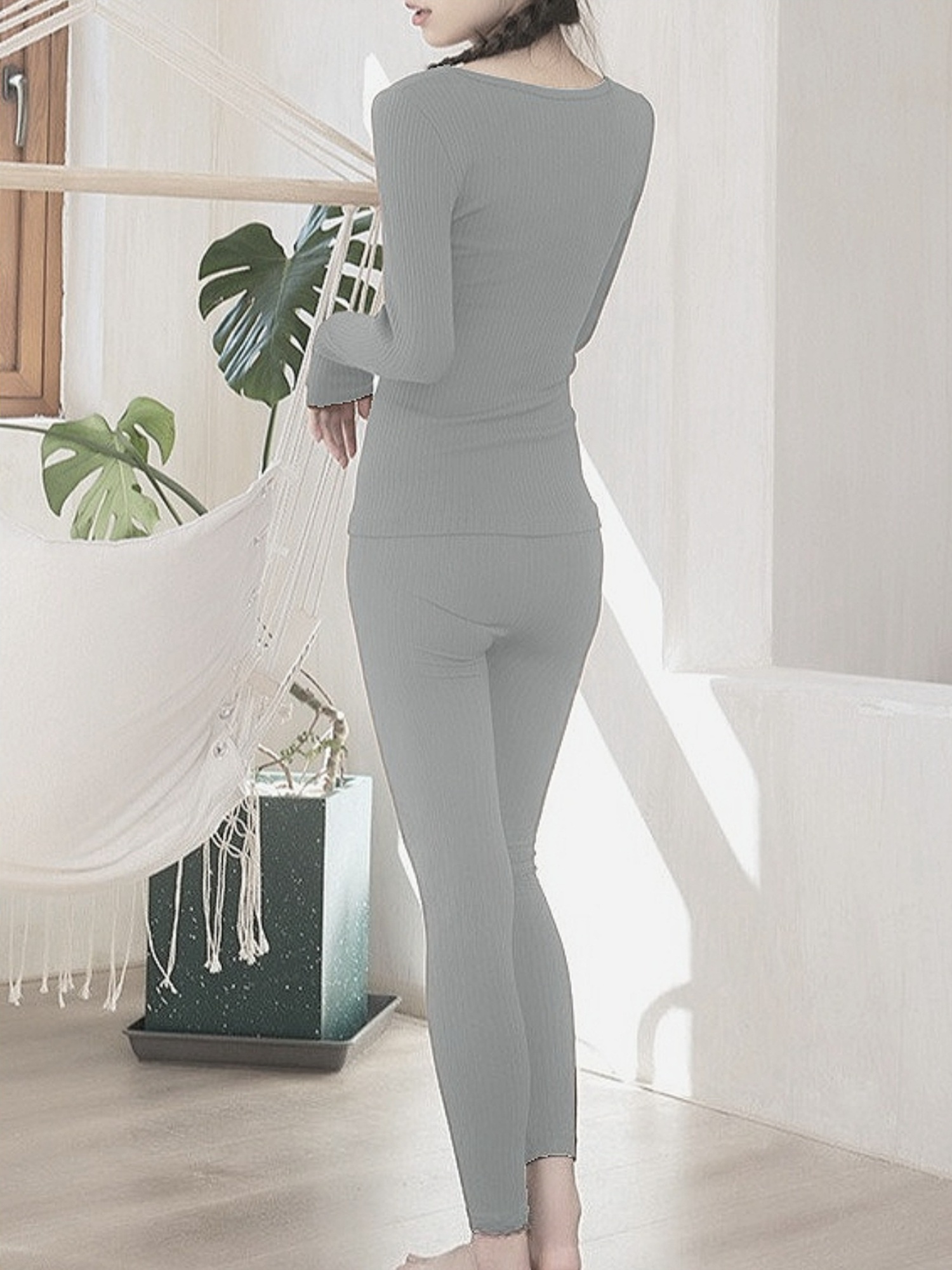 1 Set Two Pieces Vertical Striped Thermal Underwear Women
