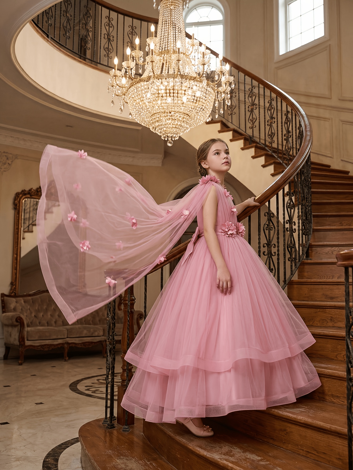 three-dimensional flower mesh dress 3-D Flower Glitter Sheer Bodice Mesh A-line Long Dress w/ Side Slit XL / Light Green