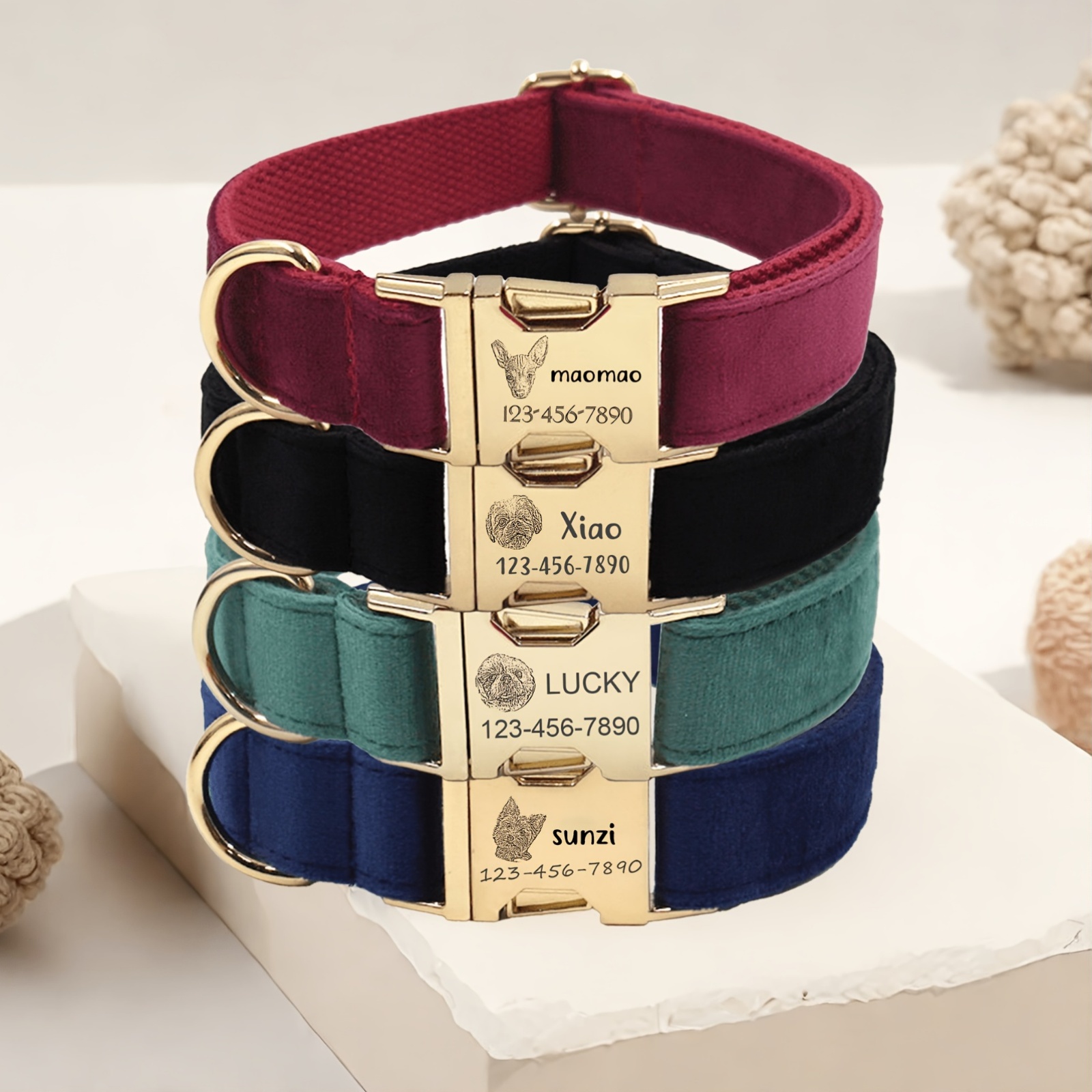 Personalized Velvet Dog Collar with Custom Name & Phone ID Tag