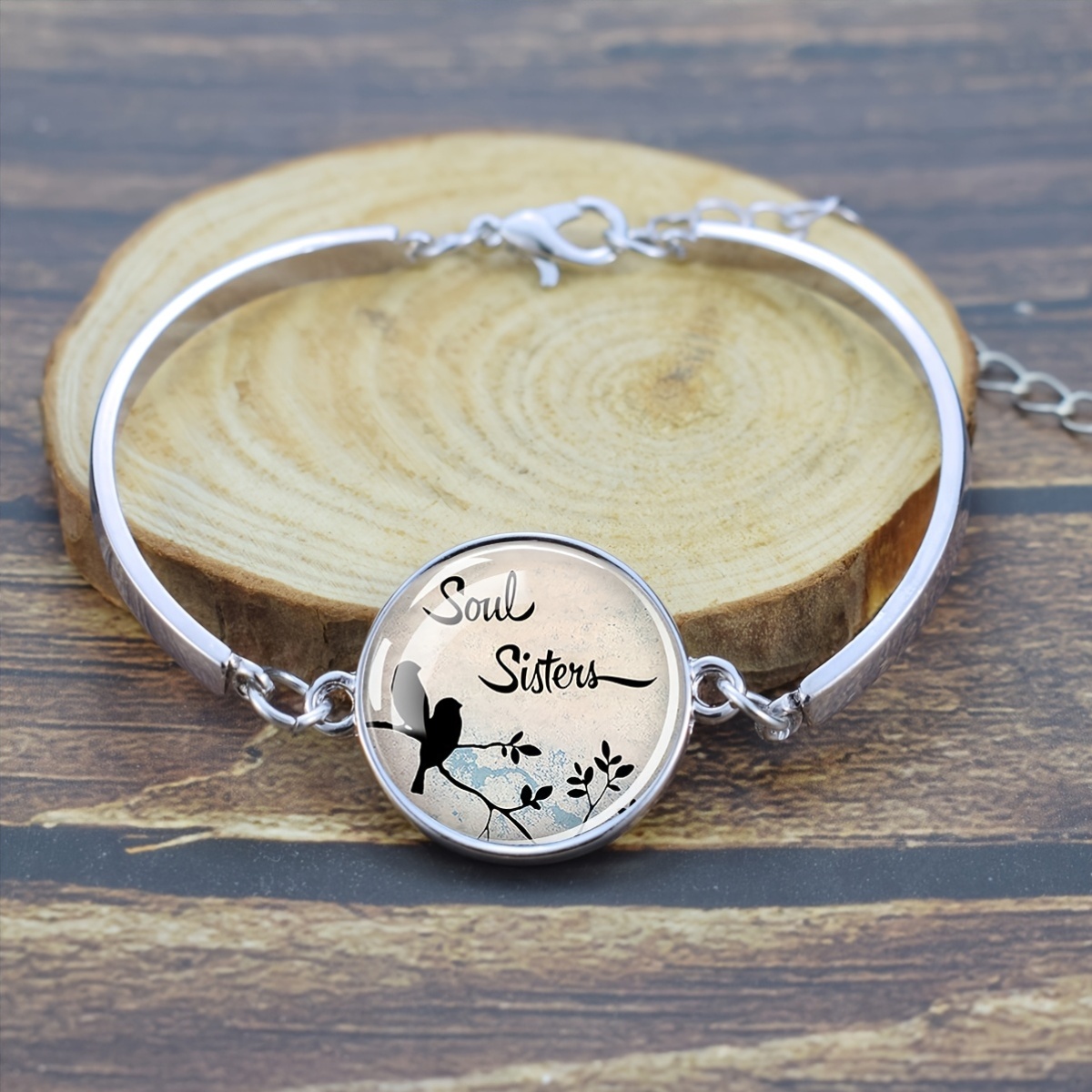Glass Dome Bracelet with "Soul Sisters" Script and Bird Design