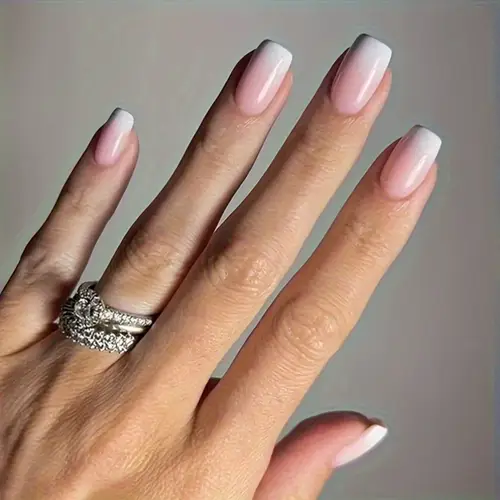 48pcs chic white french tip almond nail press ons short glossy pink white gradient false nails for elegant nail kit jelly and nail files