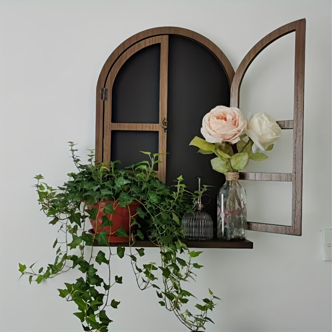rustic solid wood wall mounted shelf with   window design multi purpose diy chalkboard for home decor   christmas valentines day 0