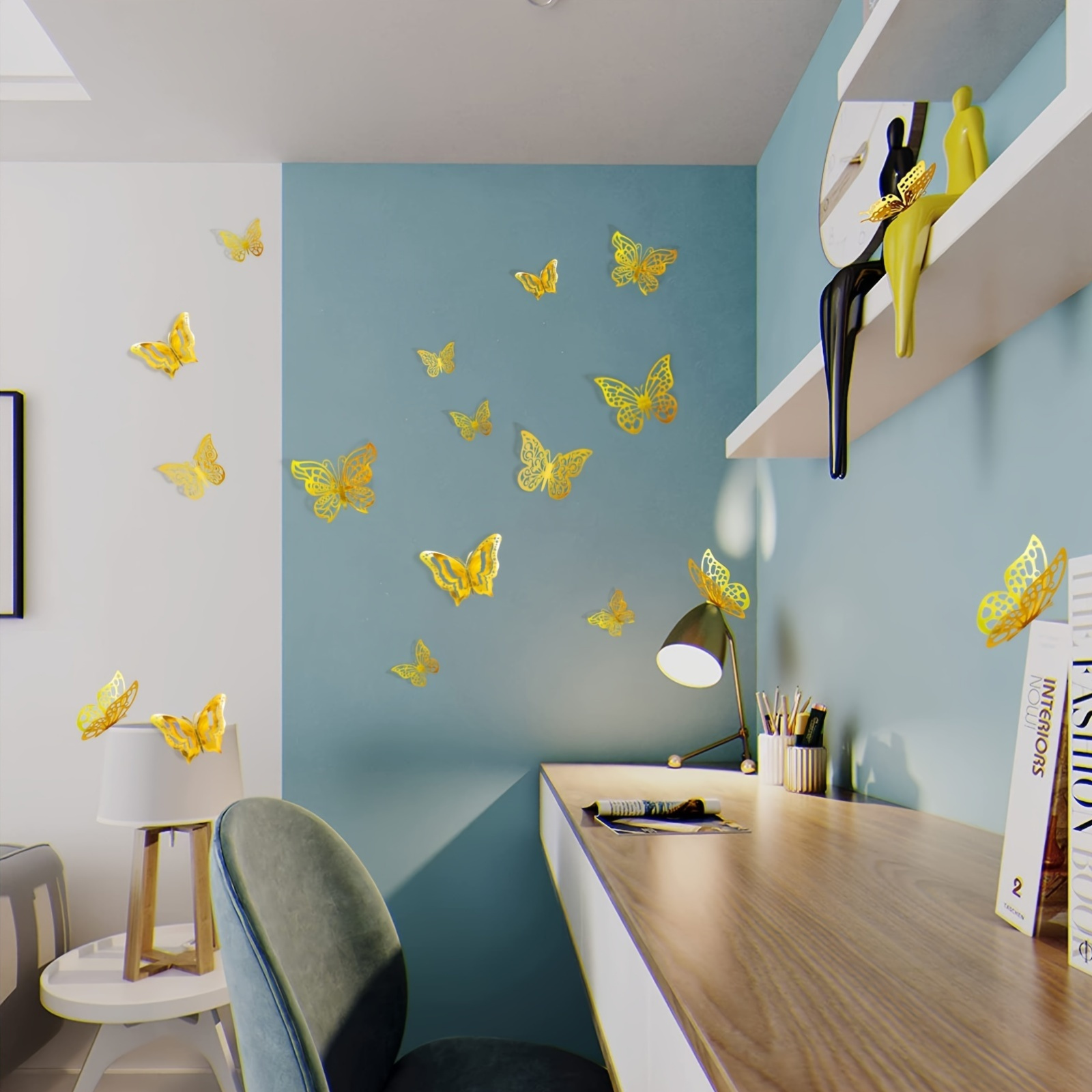 48pcs 3D Golden Butterfly Wall Decals - Reusable Self-Adhesive Shimmering Plastic Stickers for Home Decor, Party Balloons, Cake Art, Crafts, Bouquets & Gift Embellishments, Butterfly Decorations