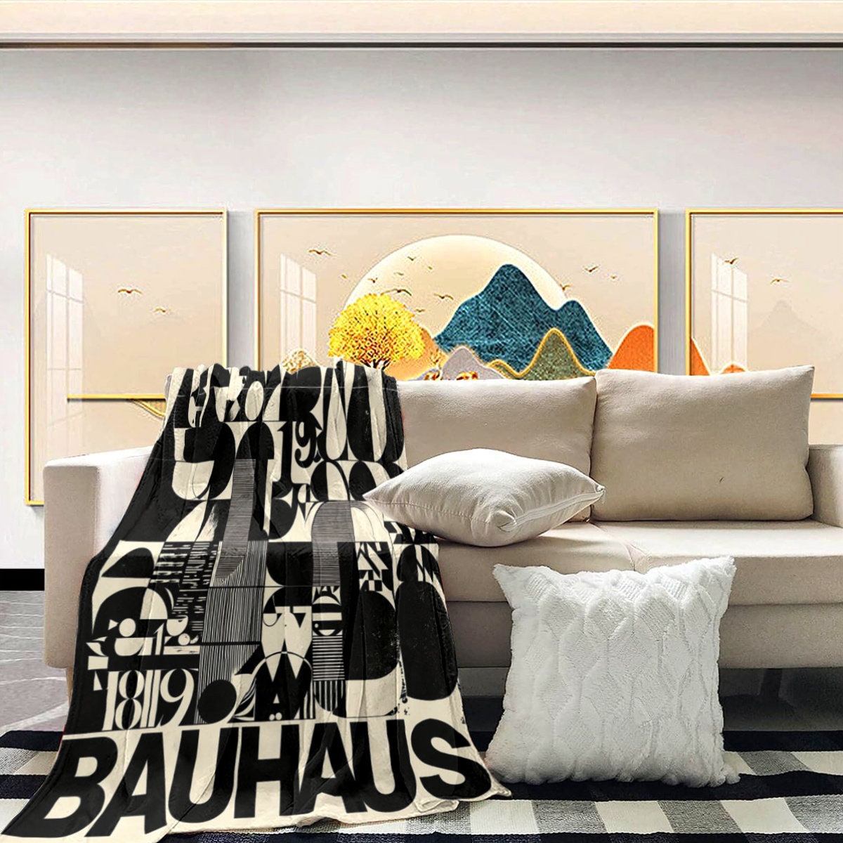 1pc bauhaus geometric art theme flannel blanket   black and white retro abstract geometric   pattern printed with bauhaus art font modern minimalist artistic style soft and   suitable for sofa bedroom camping