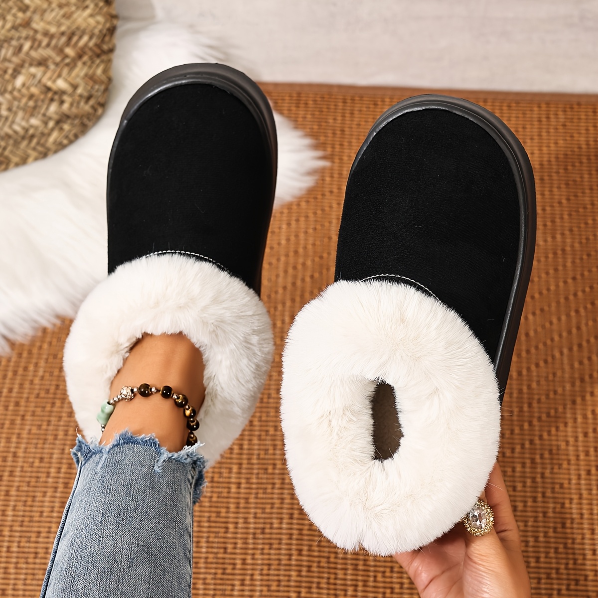 TEMU Thickened Plush Collar Warm And Comfortable Men's And Women's Short Boots Home Slippers - Optional - Eva Thickened Soft Sole - Suitable For