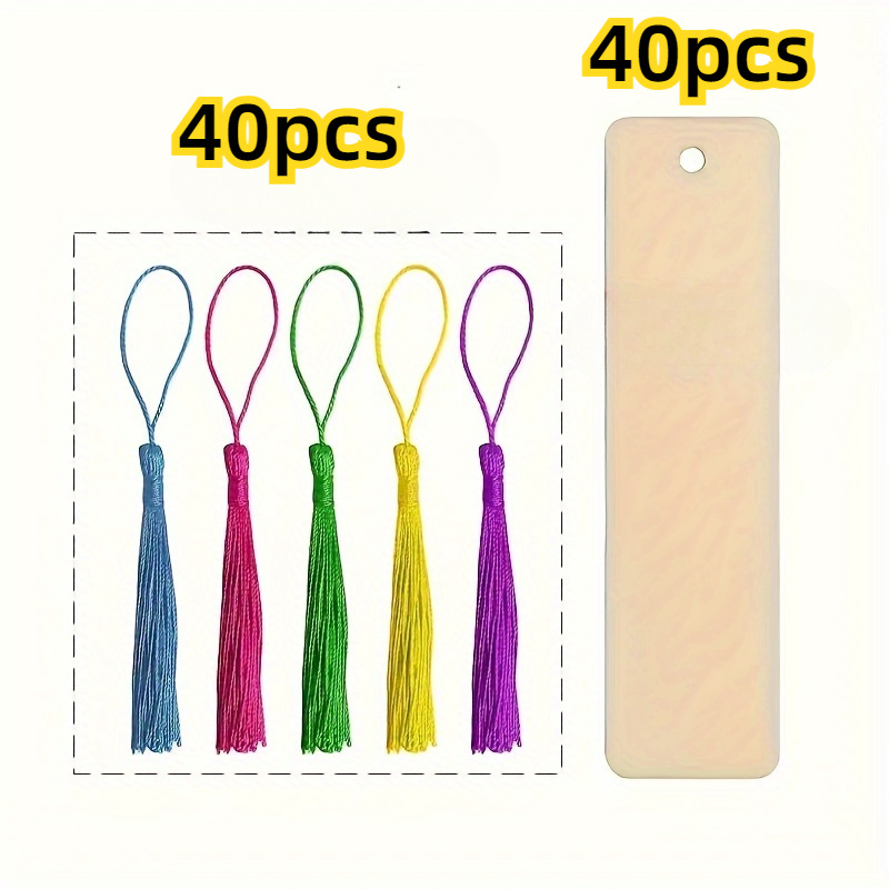 Image of 80pcs Of Unadorned Wooden Bookmarks For Projects, Featuring Laser-cut Wooden Pendants And Square Labels, Including 25 Bookmarks And 25 Tassels In Assorted Colors