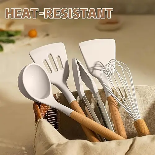 12pcs set silicone cooking utensils set with wooden handle colorful non stick cooking tools set heat resistant turner tongs spatula spoon oil brush and whisk kitchen supplies suitable for restaurant