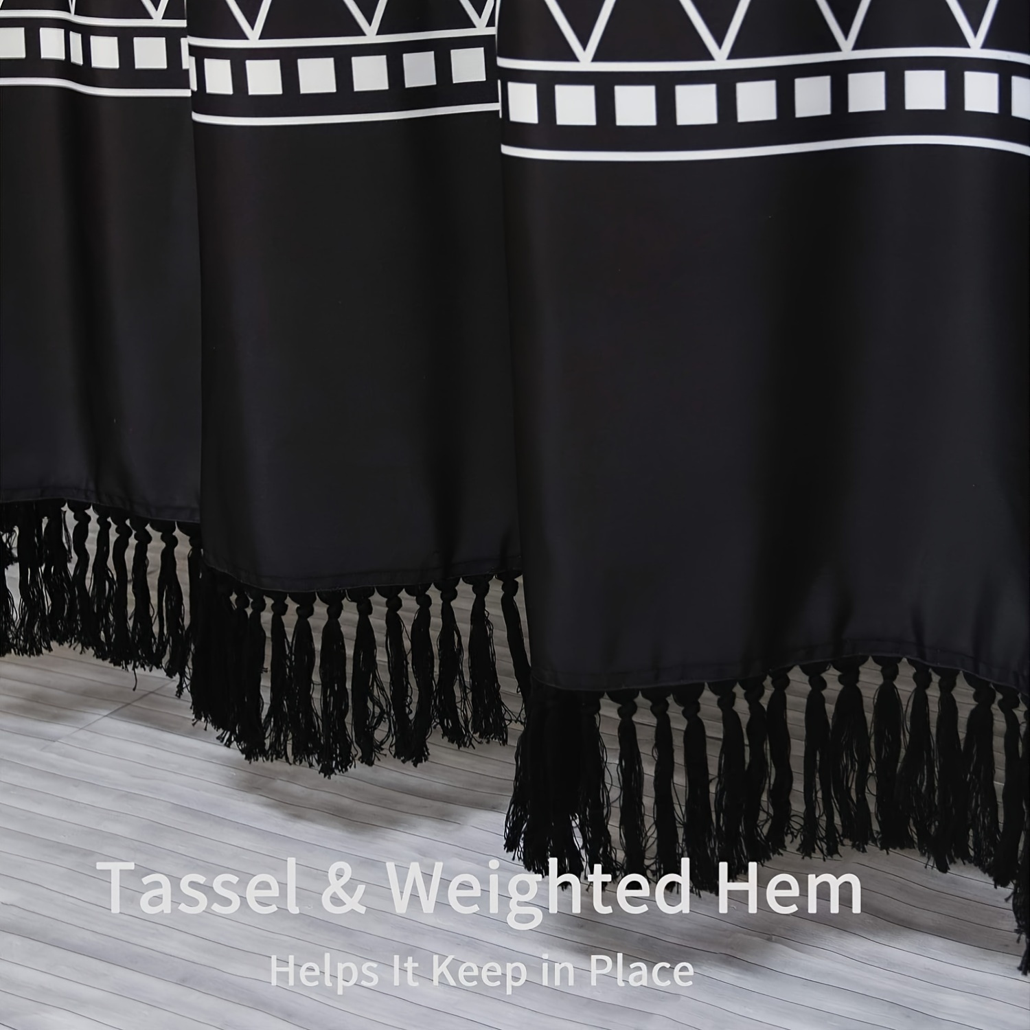 Black Boho Shower Curtain Set with Hooks