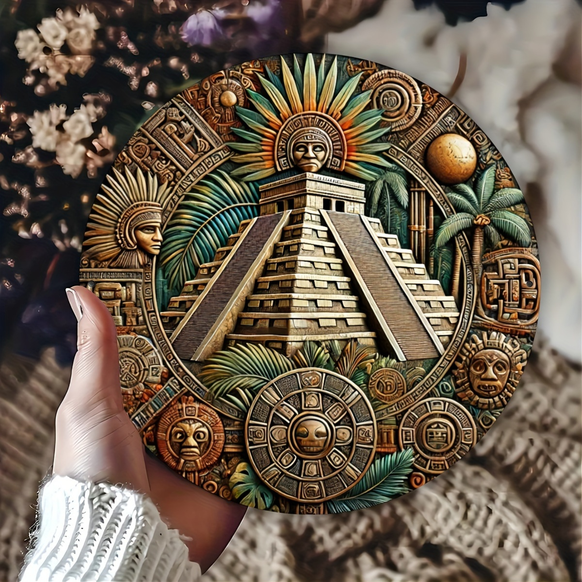 

Vintage Mayan Round Metal Wall Sign - 8x8 Inches, Aluminum Home Decor With Intricate Carvings Of , Pyramids & Tropical Foliage - Office, Garden, Or Cultural Themed Spaces