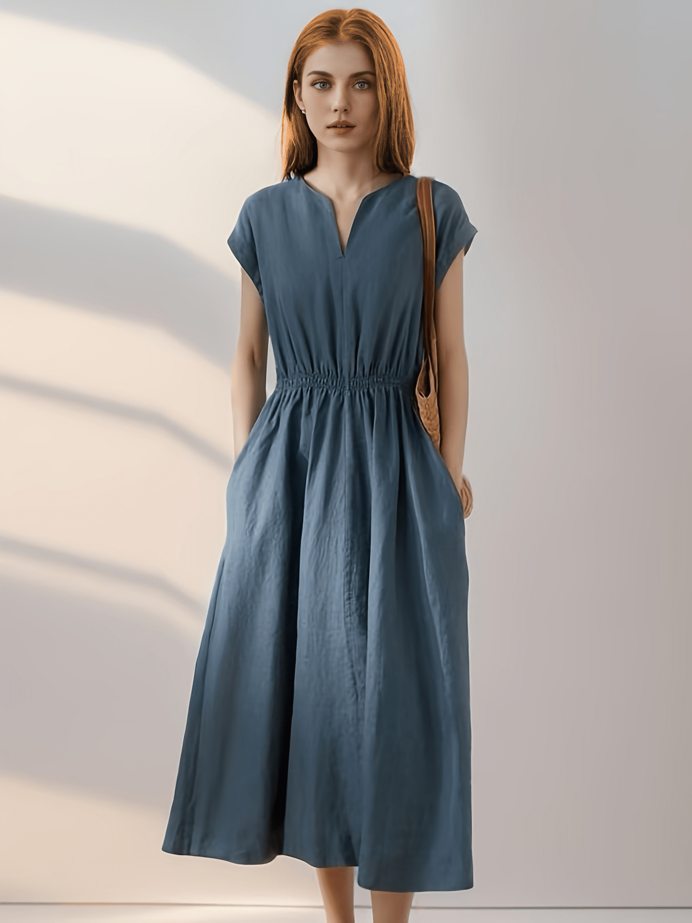 chinese dress ladies Summer Social Stain Pleated Cutout Waist Loose Midi Dress  roschic
