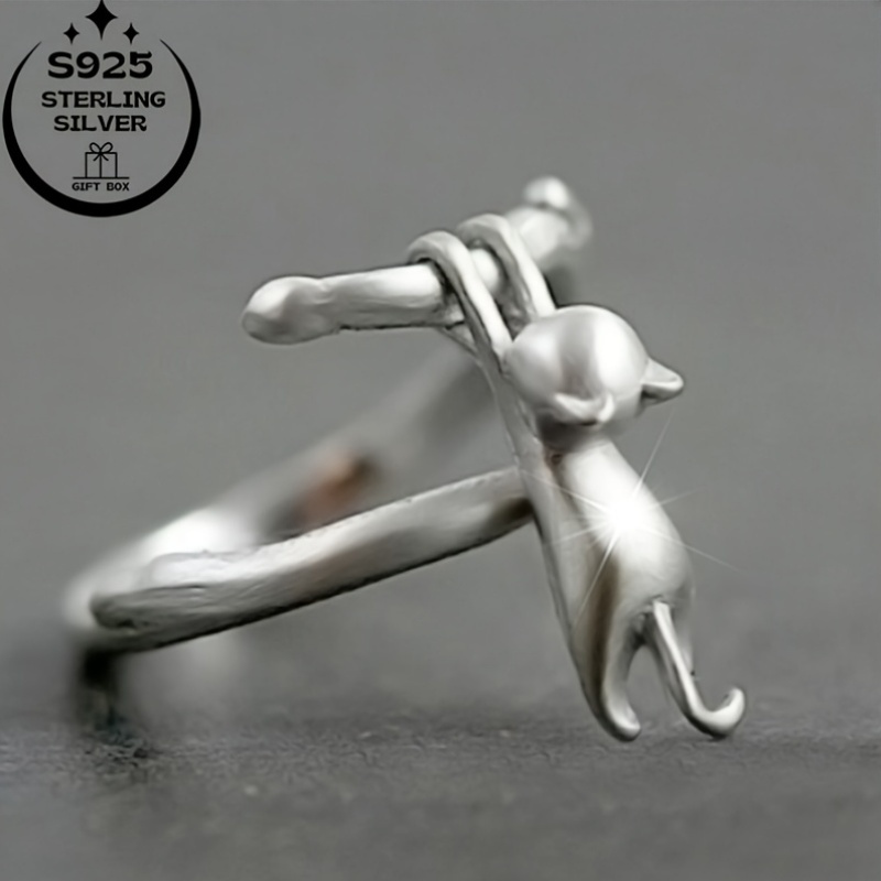 925 Silver Cat Ring Lazy Cat Climbing High Meaning Gift