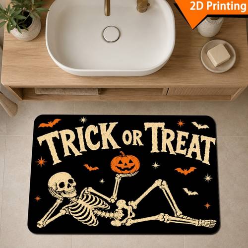item picture 2d flat 2d flat 2d flat 1pc trick or treat halloween skeleton holding jack o lantern with bats and stars soft flannel floor mat for shower tub bedroom entryway home decor