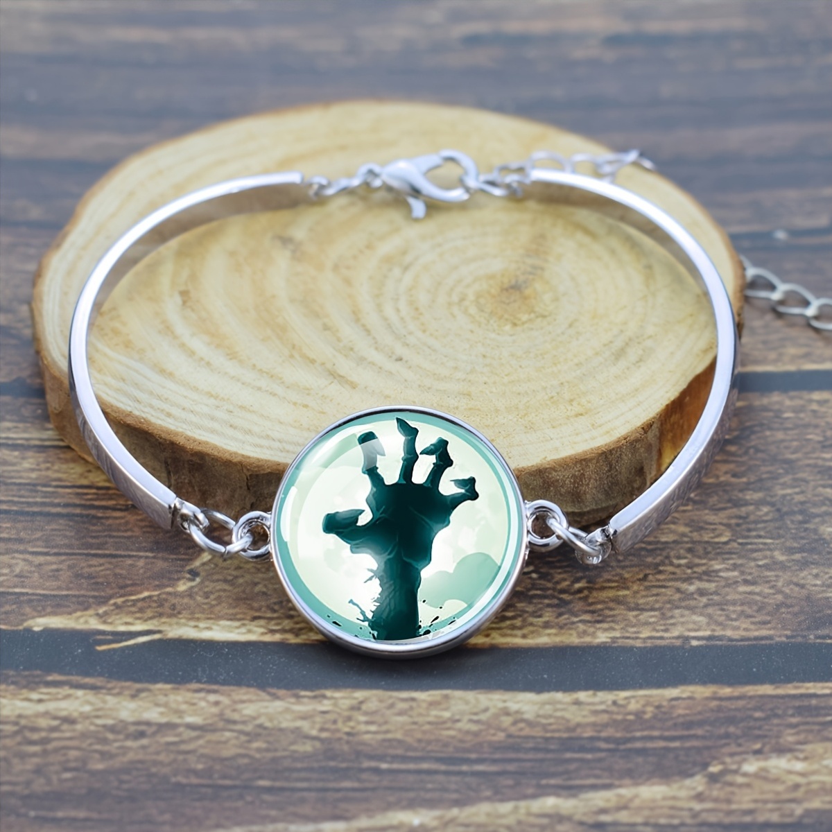 Zombie Hand Rising Glass Dome Bracelet, Gothic Horror Theme
