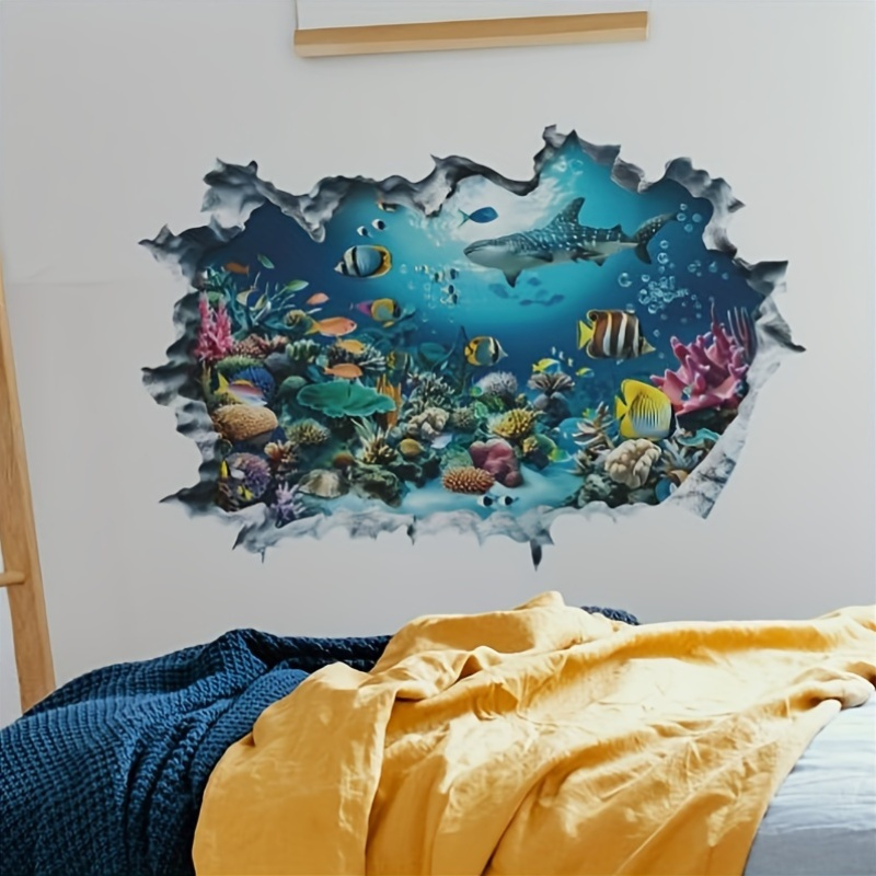 

Décalcomanie murale 3D Ocean , scène de requin et de corallien, plastique , mate, autocollants décoratifs pour salon et chambre à coucher