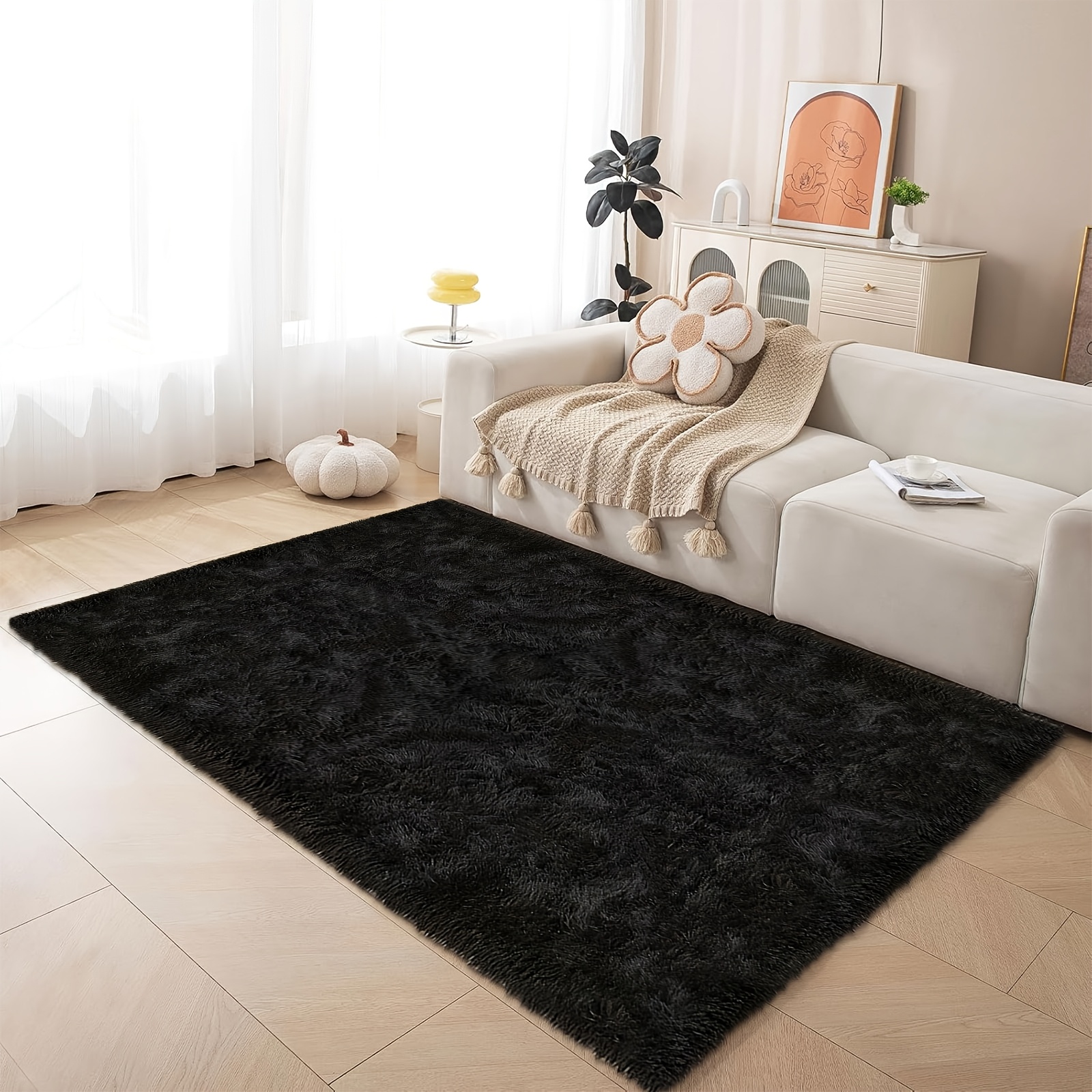 TEMU 1pc Luxurious Fluffy Area Rug, Soft Plush Polyester Carpet For Living Room Bedroom Study Makeup Room, Non-slip Nordic Style Home Decor, Bedroom