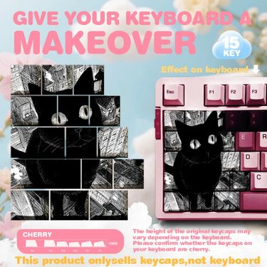 Tecla de teclado con tema de gato oscuro exclusivo, estilo de ilustración delicado en blanco y negro, dedicada a fans de esports y anime, regalo creativo, altura CHERRY, teclas intercambiables CHERRY de material PBT de cinco lados
