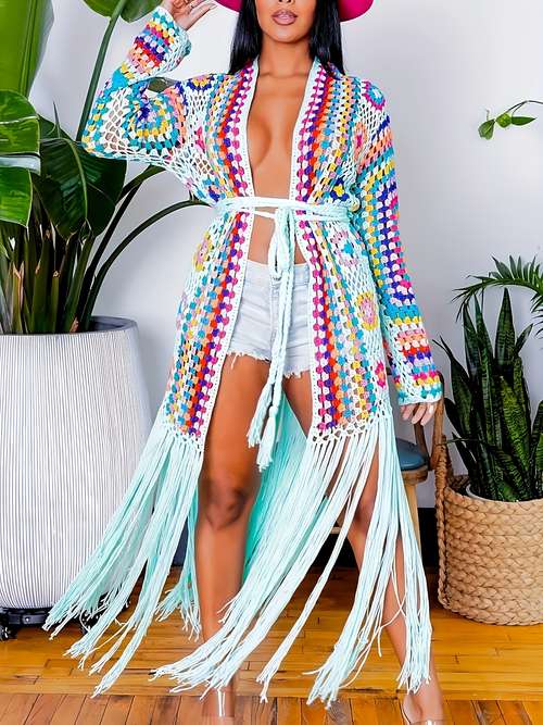 Women's Boho Kimono Beach Cover Up – Floral Lace Crochet Cardigan, Sheer Long Cardigan For Swimsuits