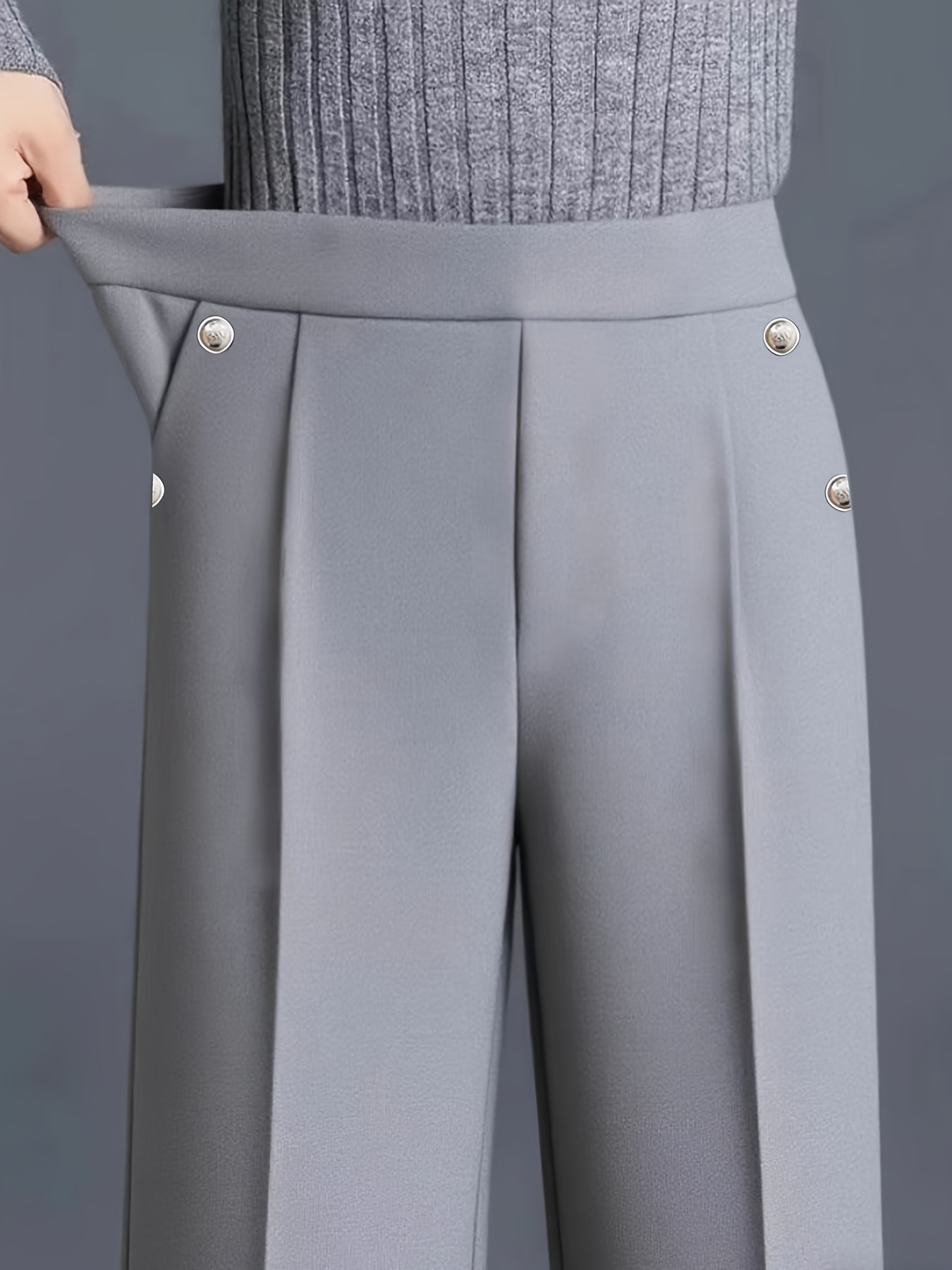 item picture womens trousers elastic high waist pocket front pleated straight pants fashionable casual button decorated versatile trousers