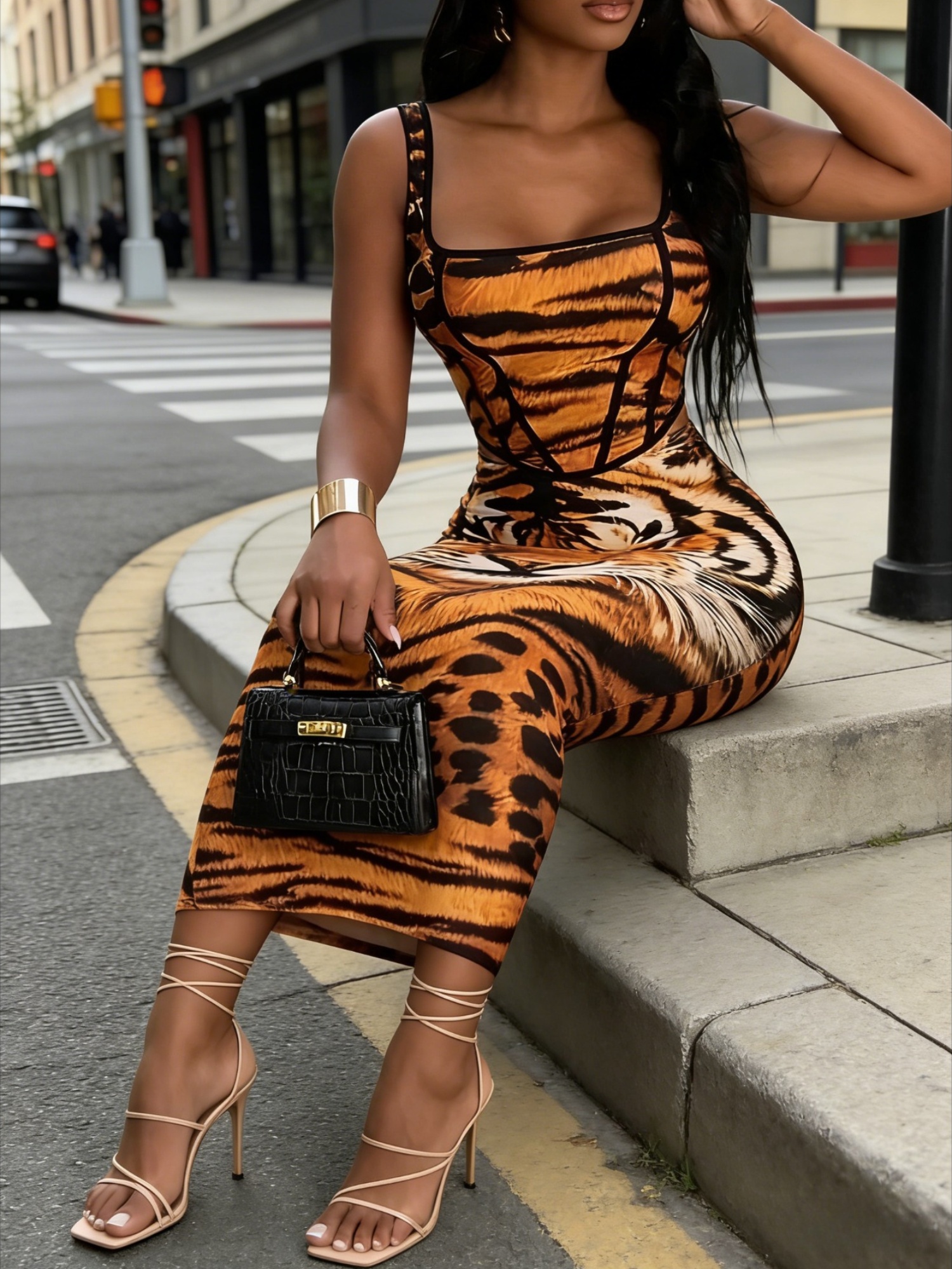chinese dress ladies Downtown Cami Strap Front Split Midi Dress Tiger Print Selfie Leslie