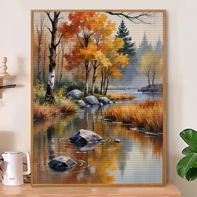 Printed Cross Stitch Kit, Autumn Forest Stream and Stones