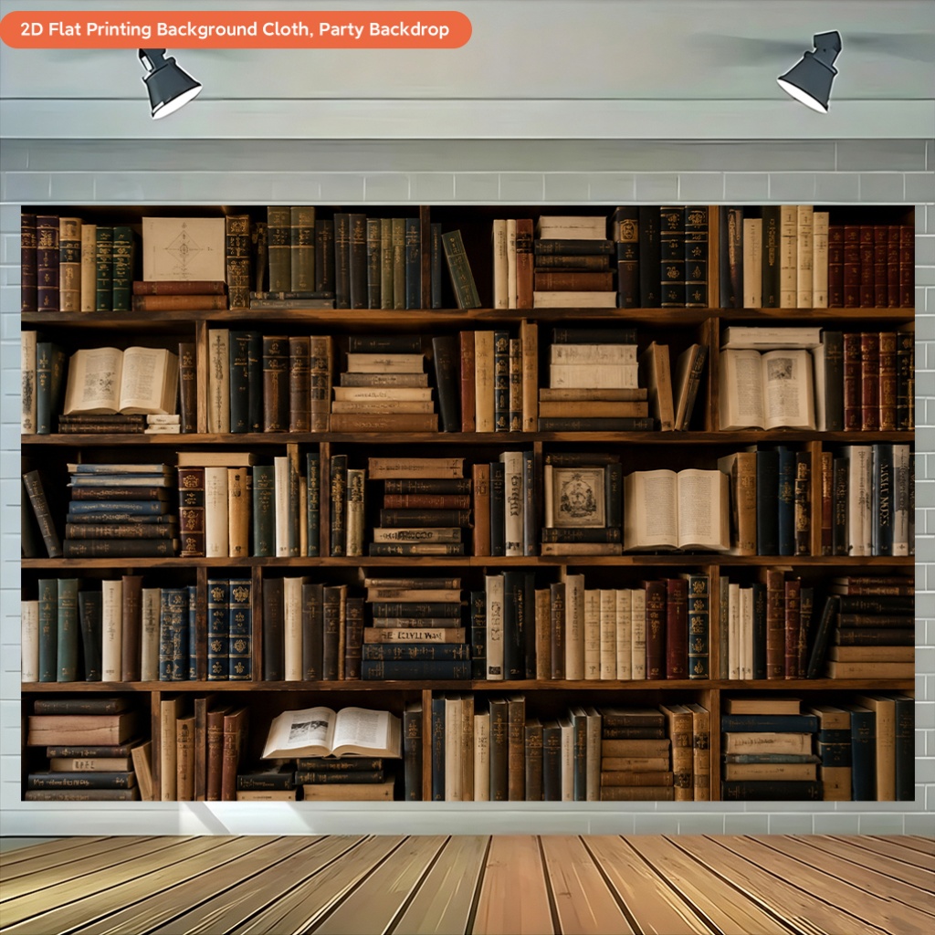 Wooden Bookshelf Filled Books Polyester Backdrop