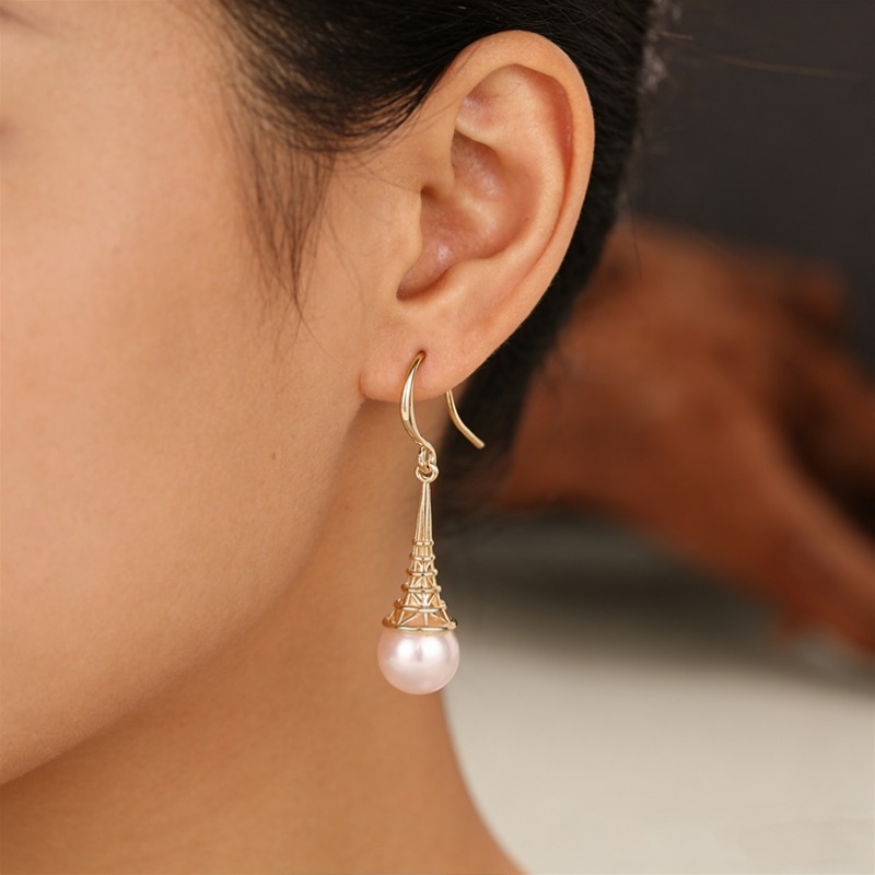 Women's Eiffel Tower Imitation Pearl Drop Earrings, Elegant Gift