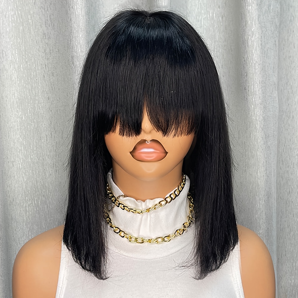 TEMU Perruque Bob avec Frange Cheveux Humains 2X4 Lace Perruque Bob Cheveux Humains avec Frange 150% Partie au Colle Perruques Cheveux Humains pour