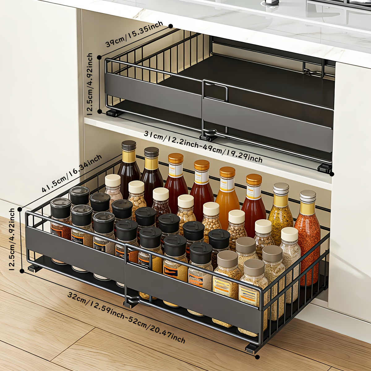 1pc/2pcs Pull-out Cabinet Organizer, 32-51cm Width Expandable, Heavy-duty Slide-out Drawers Fixed With Adhesive , Shelf Baskets For Spices, Snacks, Utensils, Black & White