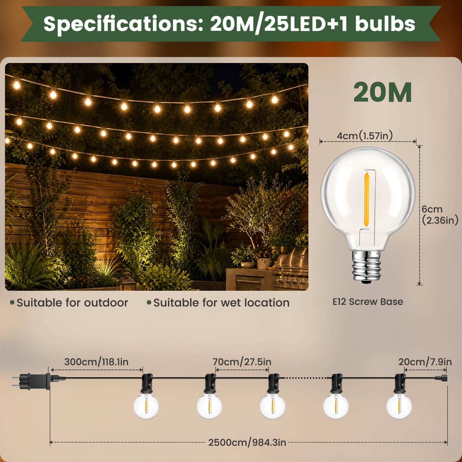 Led Outdoor Fairy Lights, 20m/30m, Up To 46.6m/80leds, Warm White G40 Plastic Bulbs,dimmable, Ip44, 8 , Indoor/outdoor Fairy Lights For Garden, Patio, Weddings, Parties, Gazebos