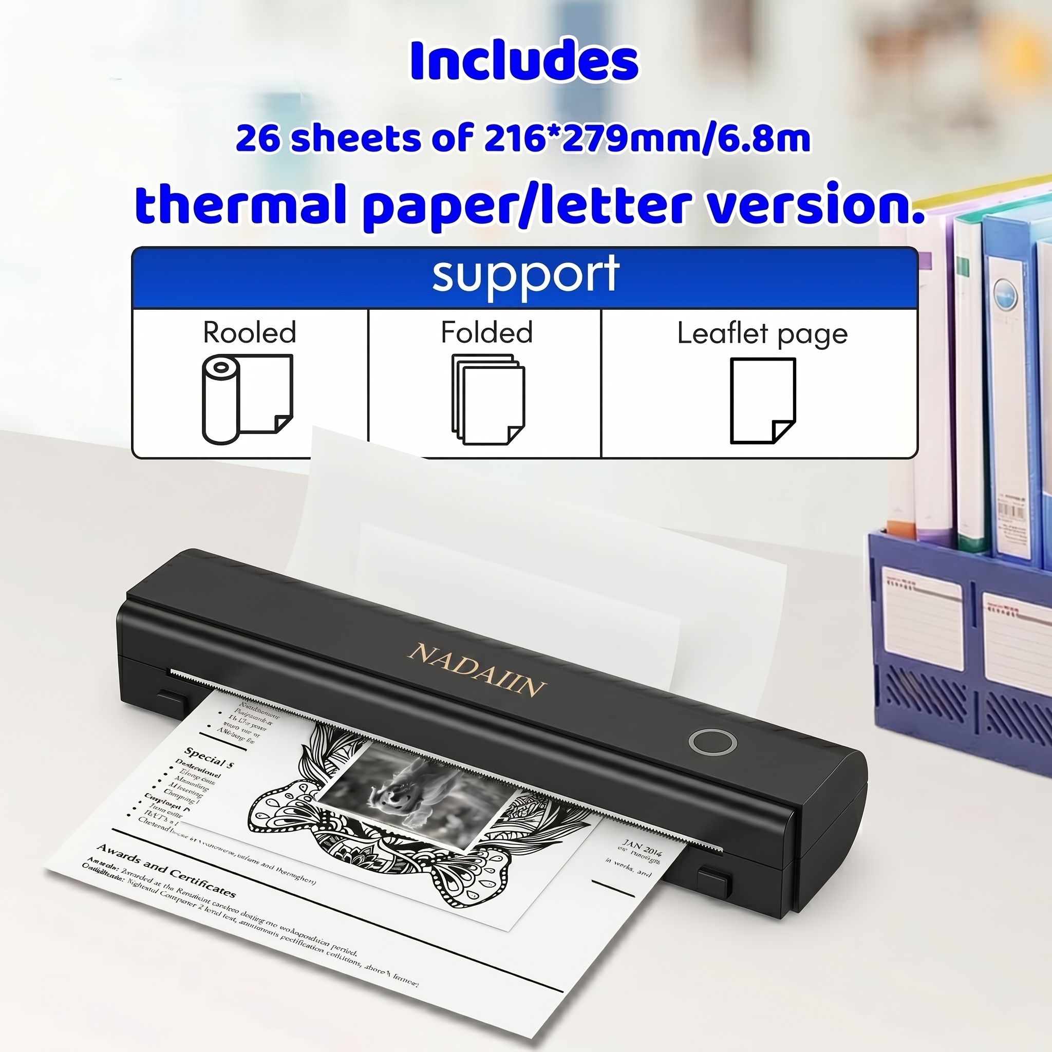 Impresora Térmica Portátil A4 Sin Tinta con Bandeja de Papel, Impresora Móvil Inalámbrica, Soporta Papel de Carta Americana de 8.5X11 Pulgadas/Papel Térmico A4, Compatible con Teléfonos Móviles y Laptops, Adecuada para el Hogar, la Oficina, la Escuela y los Viajes