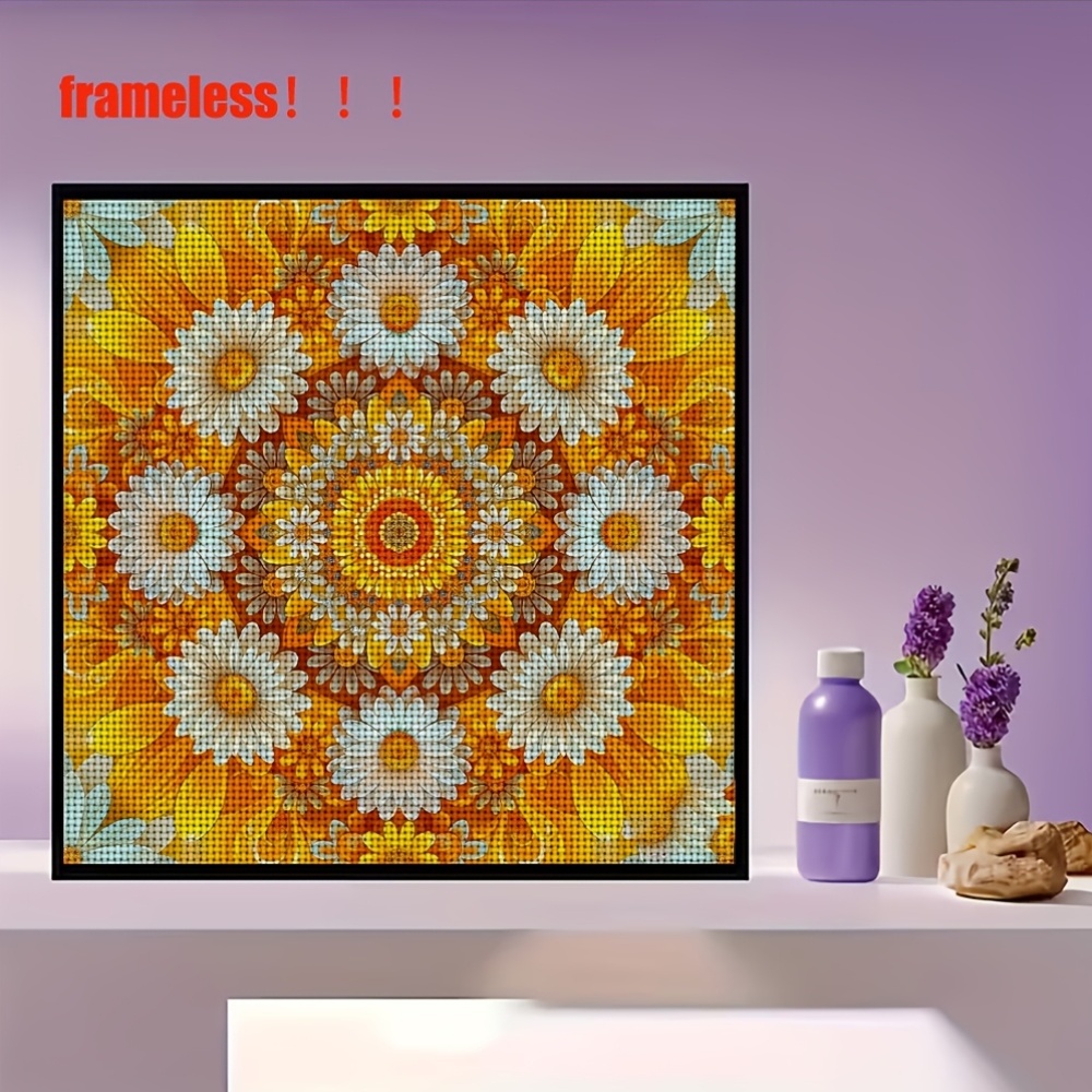11CT Frameless Cross-Stitch Kit, Symmetrical Yellow-Orange Floral Pattern
