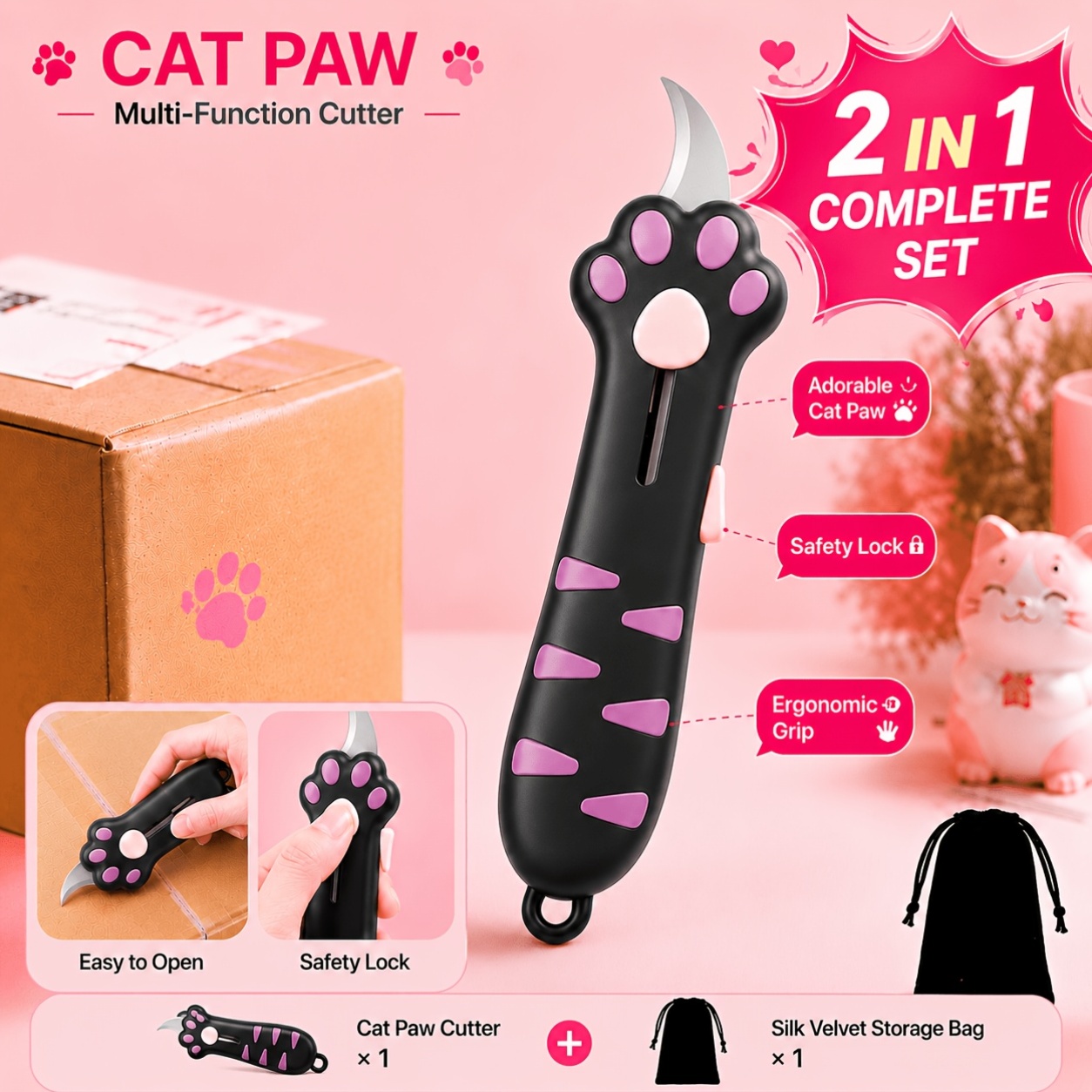 2pcs set utility pocket cutter and bag cute cat paw retractable   anti slip handle mini   opener with lanyard hole home     cutting portable supplies for students office workers cute gift lovers