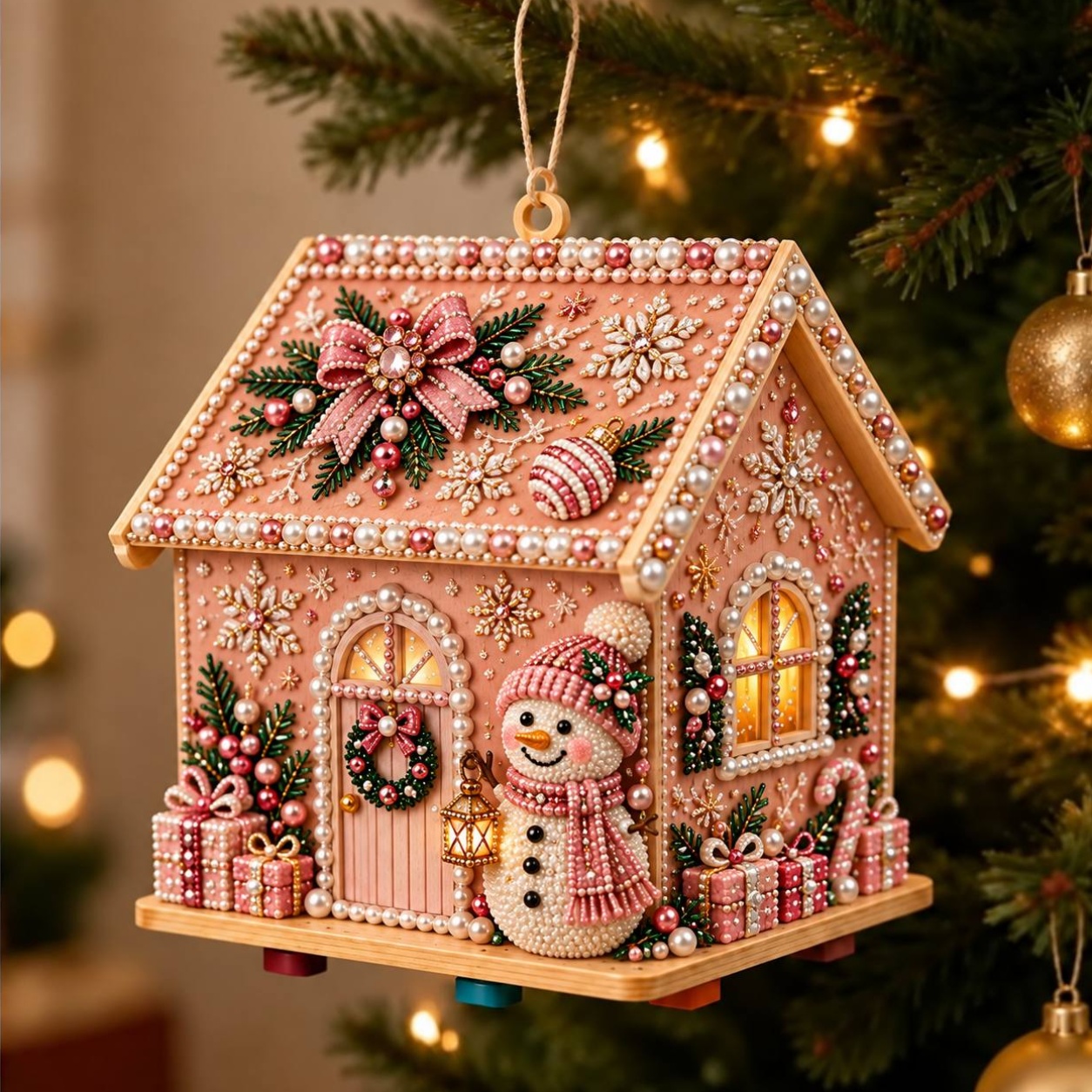 TEMU Brand New! Christmas. Pink Wood Material. Christmas Cottage. Pearl And Set, Round, Diamond-encrusted Wooden Cottage, Decorations For A Christmas
