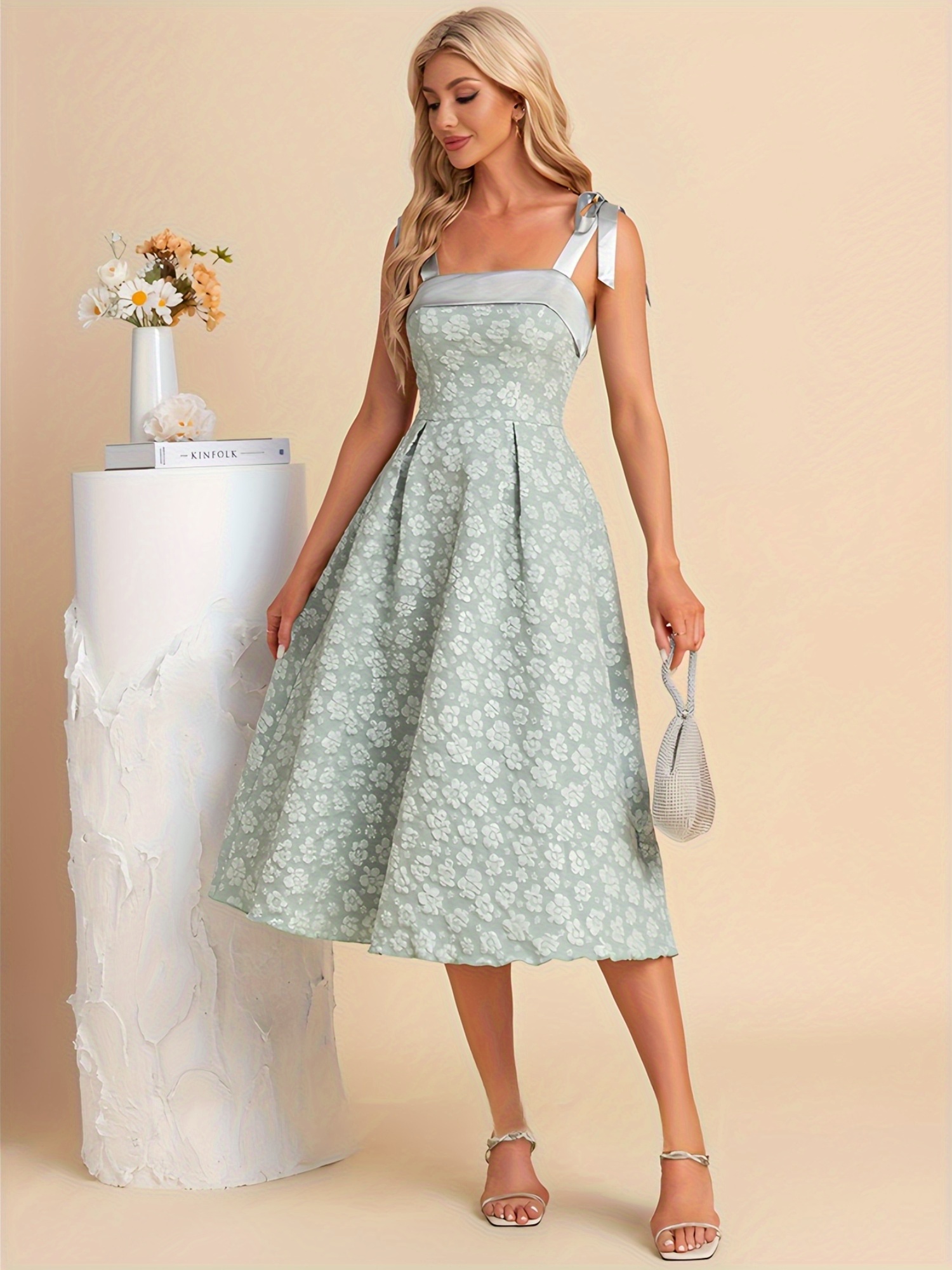 sachin and babi light blue dress WEDTREND Women Ivory Formal Dress with Short Sleeves Round Neck Jacquard A- Line Ankle Length Prom Dress – Wedtrend UK main image 0