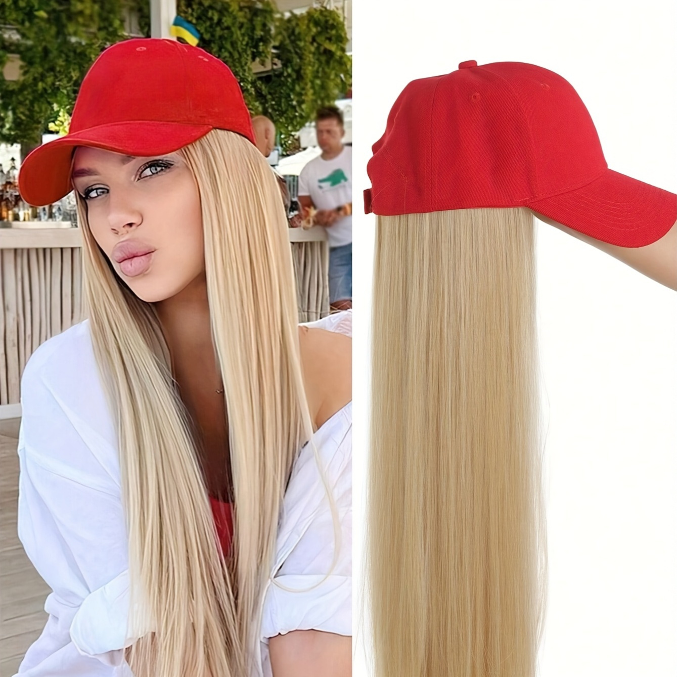 22 elegant red baseball cap wig long straight blonde hair Temu