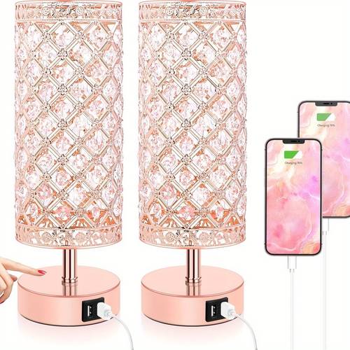 2 pack 1 pack touch control crystal table lamps with 2 usb ports 3 way dimmable bedside nightstand lamps with decorative crystal small table lamps for bedroom living room office led bulbs included