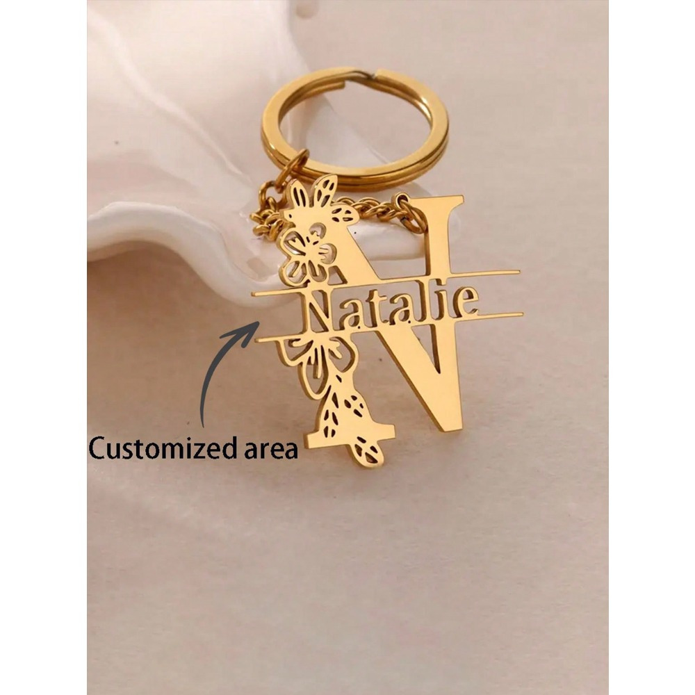 E-shop Personalisierter Schlüsselanhänger mit Kette, 1 Stück personalisierter Initial-Schlüsselanhänger, Blumendesign, individueller Name, Edelstahl,