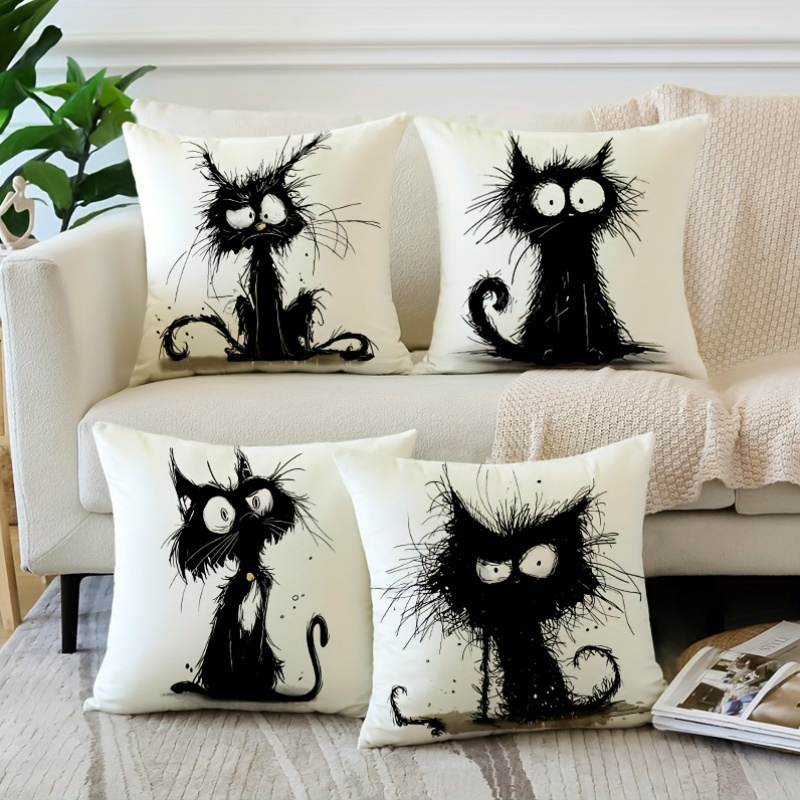 

4-pack Antique Cat Print Throw Pillow Covers 18x18 Inches, Zippered Decorative Cushion Cases For Home Farmhouse Style, Multi-room, No Insert, Velvet, Single-sided, Woven Polyester, Machine Washable