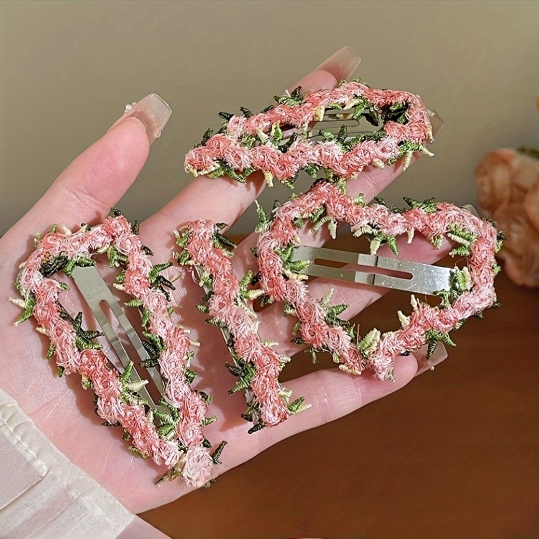 3pcs pink floral hair clips sweet heart shaped bobby pins  display picture 2