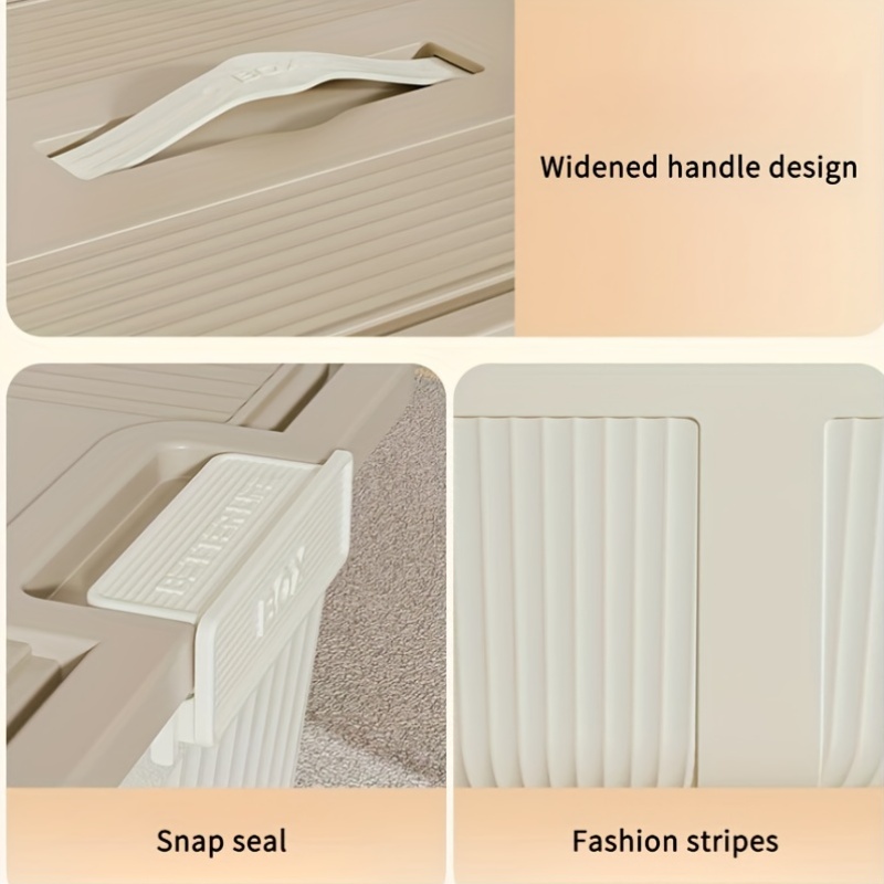 three lidded plastic storage boxes stackable organizing containers with snap seals and handles suitable for home storage for in closets kitchens bedrooms and living rooms in cream yellow measuring 38 5 28 5 18 5cm Product details 8