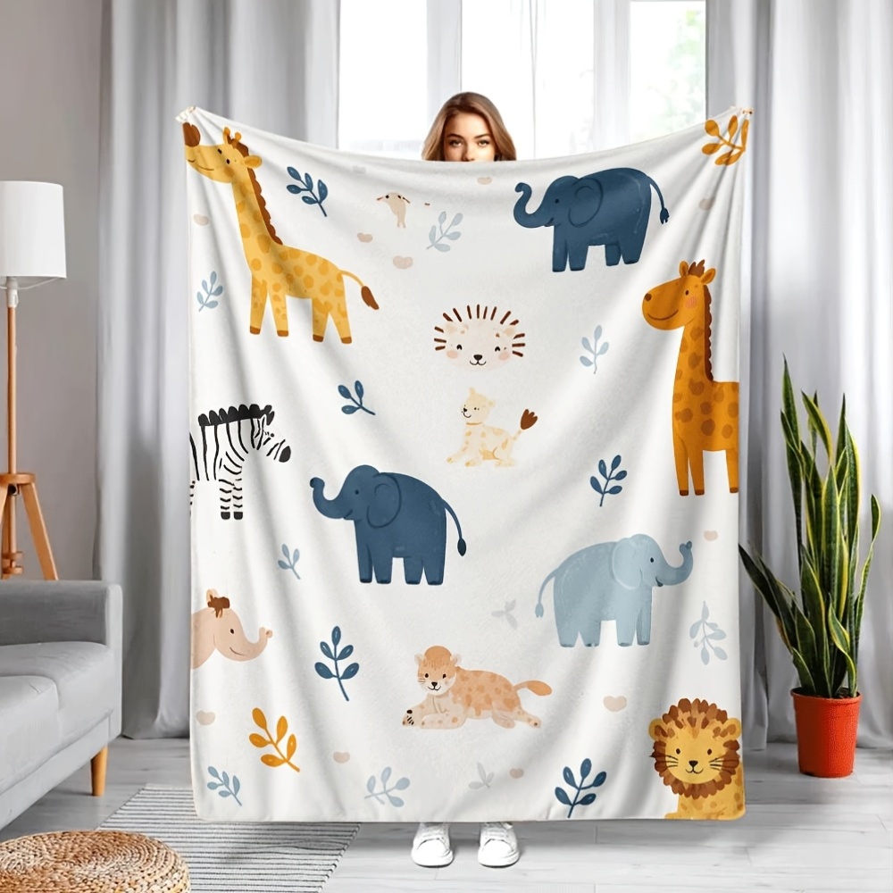 1 stuks levendig   dierenontwerp met giraffe, olifant, leeuw en zebra flanellen deken. zachte en knusse   plaid, perfect voor bed, bank, studentenkamer of reizen, en machinewasbaar