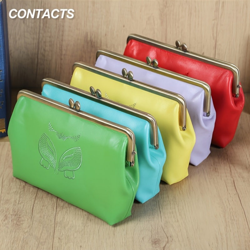 vintage genuine leather women s wallet - retro snap closure with coin pocket, polyester lining, and decorative   in red, blue, yellow, and green, coin purse 0